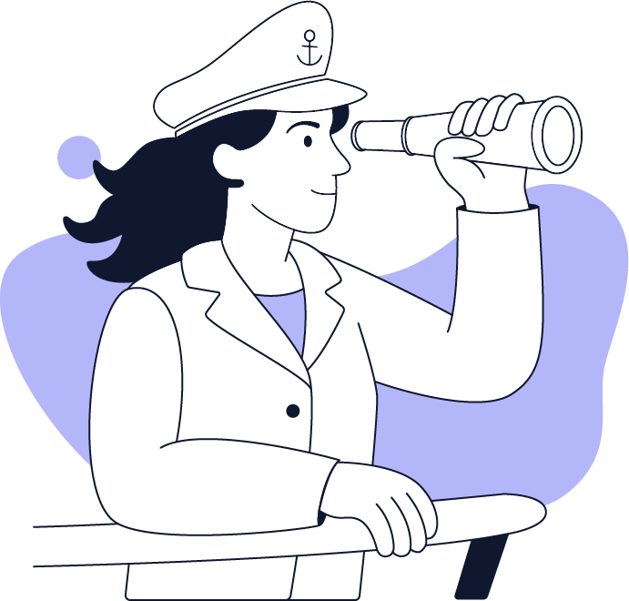 Capitaine au gouvernail, observant l'horizon avec une longue-vue